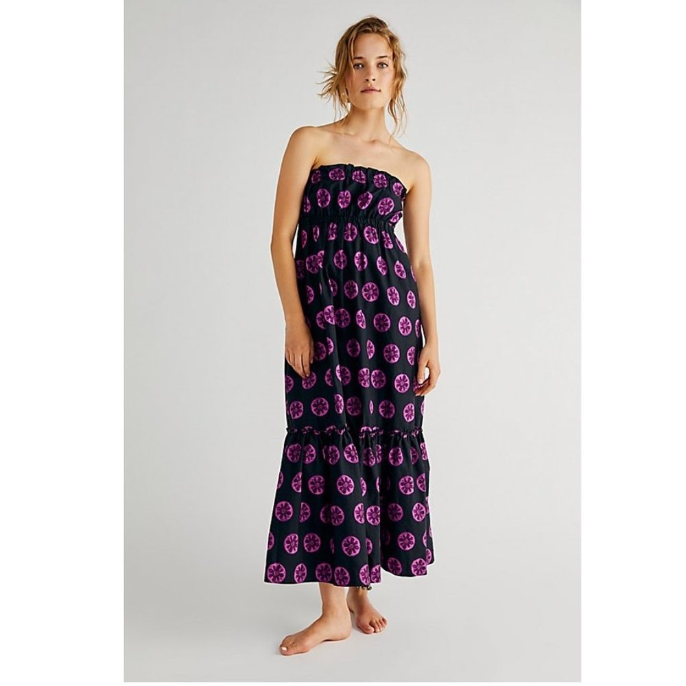 NEW Free People Leanna Bandeau Midi Dress Purple Black Floral Flounced Tube Top